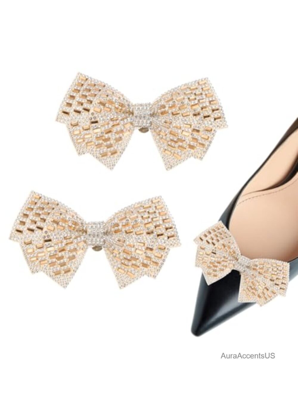 Rhinestone Bow Shoe Clips, 2 Pc Zinc Alloy Removable Crystal Charms, Elegant
